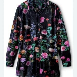 Soft Surroundings Womens Velvet Boyfriend Tunic Button Down Floral Cottage Boho